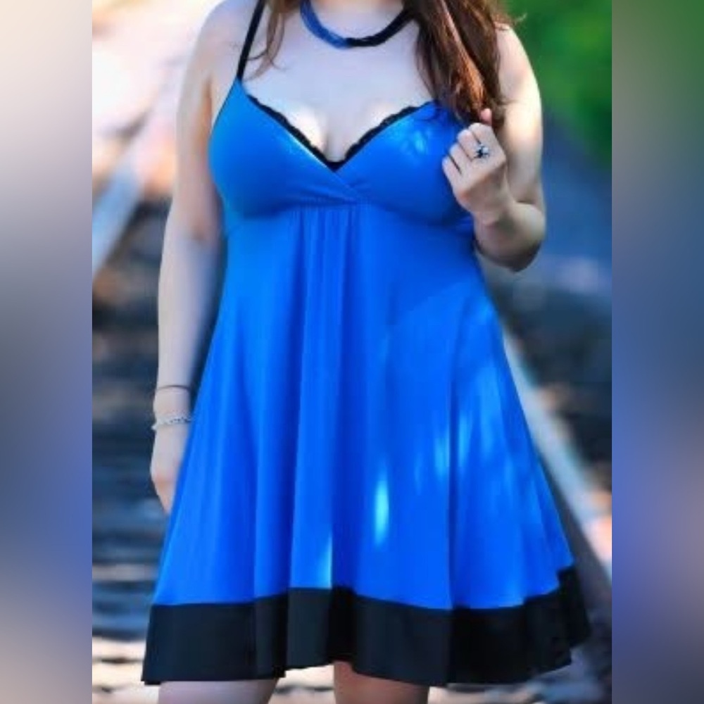 Express Light Blue Flowy dress with Black Trim